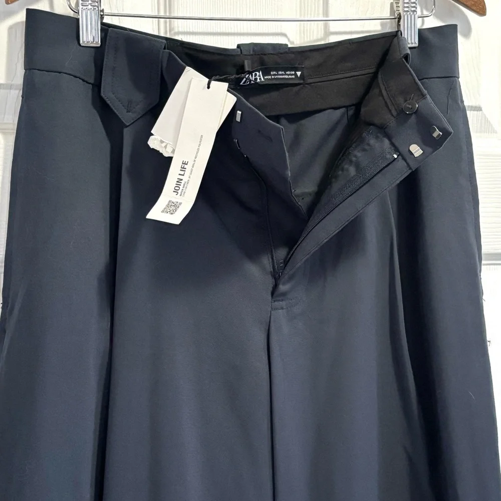 NWT Zara Wide Leg Trousers Navy Blue Pants Poly / Viscose / Elastane Blend Large - Picture 7 of 12